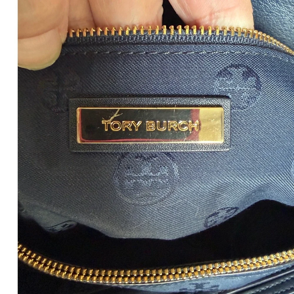 Tory Burch Marion Navy Blue Suede Whipstitch Chain Crossbody Bag